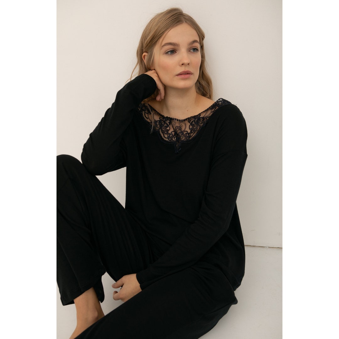 Wool Pyjamas Black Merino Wool Pajamas Women, Palazzo Pants Organic Sleepwear, Knit ...