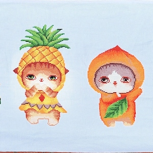 Handmade Completed Finished Cross Stitch Fruit Cats