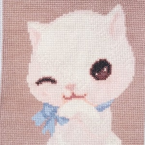 Handmade Completed Finished Cross Stitch Cute White Cat