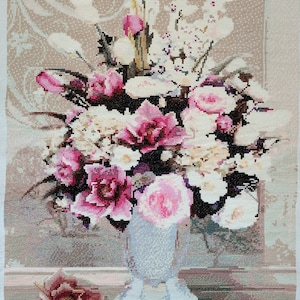 Handmade Completed Finished Cross Stitch Flowers with Vase #2