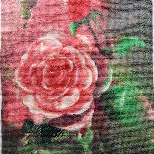 Handmade Completed Finished Cross Stitch Pink Rose Flowers