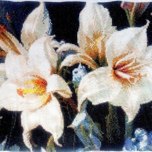 Handmade Completed Finished Cross Stitch Flowers Lilies