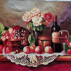 Handmade Completed Finished Cross Stitch Wine Fruit Flowers