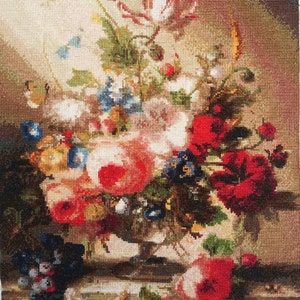 Handmade Completed Finished Cross Stitch Flowers with Vase