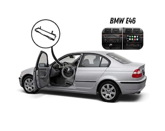 May include: A silver BMW E46 sedan with an open driver-side door. The image highlights a black dashboard mounting frame for an aftermarket head unit, shown in a circular callout and in a before-and-after comparison of the car's center console.