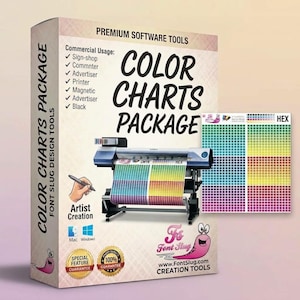 May include: A product box for a Color Charts Package software tool featuring a large format printer graphic, a hand holding a stylus, and a grid of color swatches. The box includes text labels for commercial usage, Mac and Windows compatibility icons, and a pink snail logo.