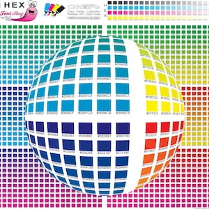 May include: A colour chart with a globe design, featuring a spectrum of colours and corresponding HEX codes. The chart includes text that reads "Color Printer Calibration" and "CMYK Conversion to HEX."