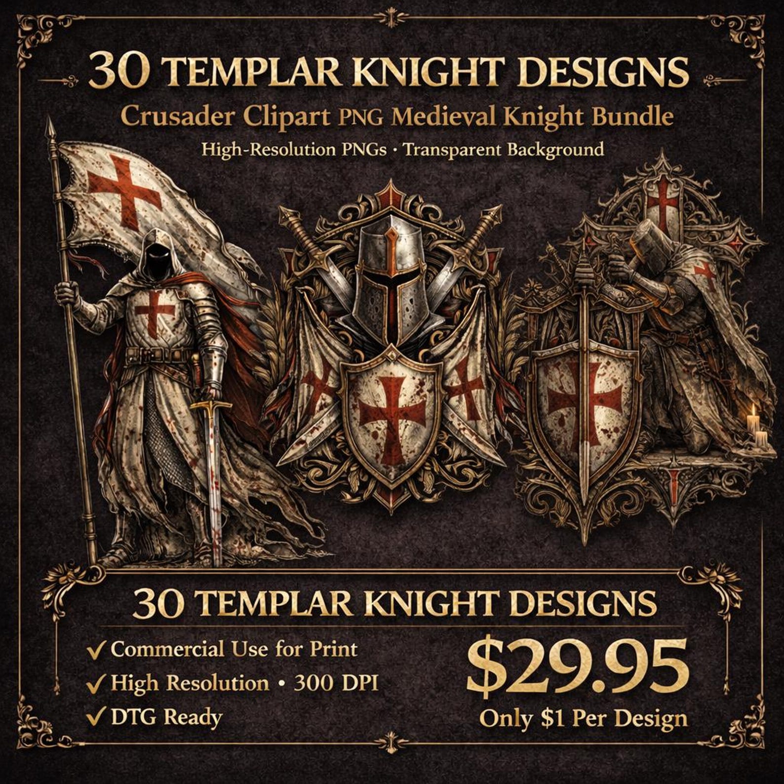 30 Templar Knight Designs Crusader Clipart PNG Medieval Knight Art ...