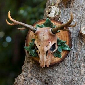 Deer skull wall hanging decor / animal skull sculpture with wood base nature inpired home wall art / pagan witchy nature decoration gift