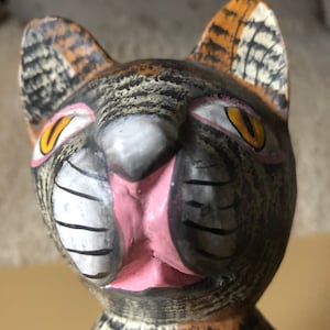 Vintage Wooden Cat hand carved statue wood carving medium tall