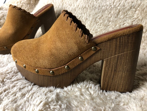 Light Brown suede leather MIA platform clogs mules s… - Gem