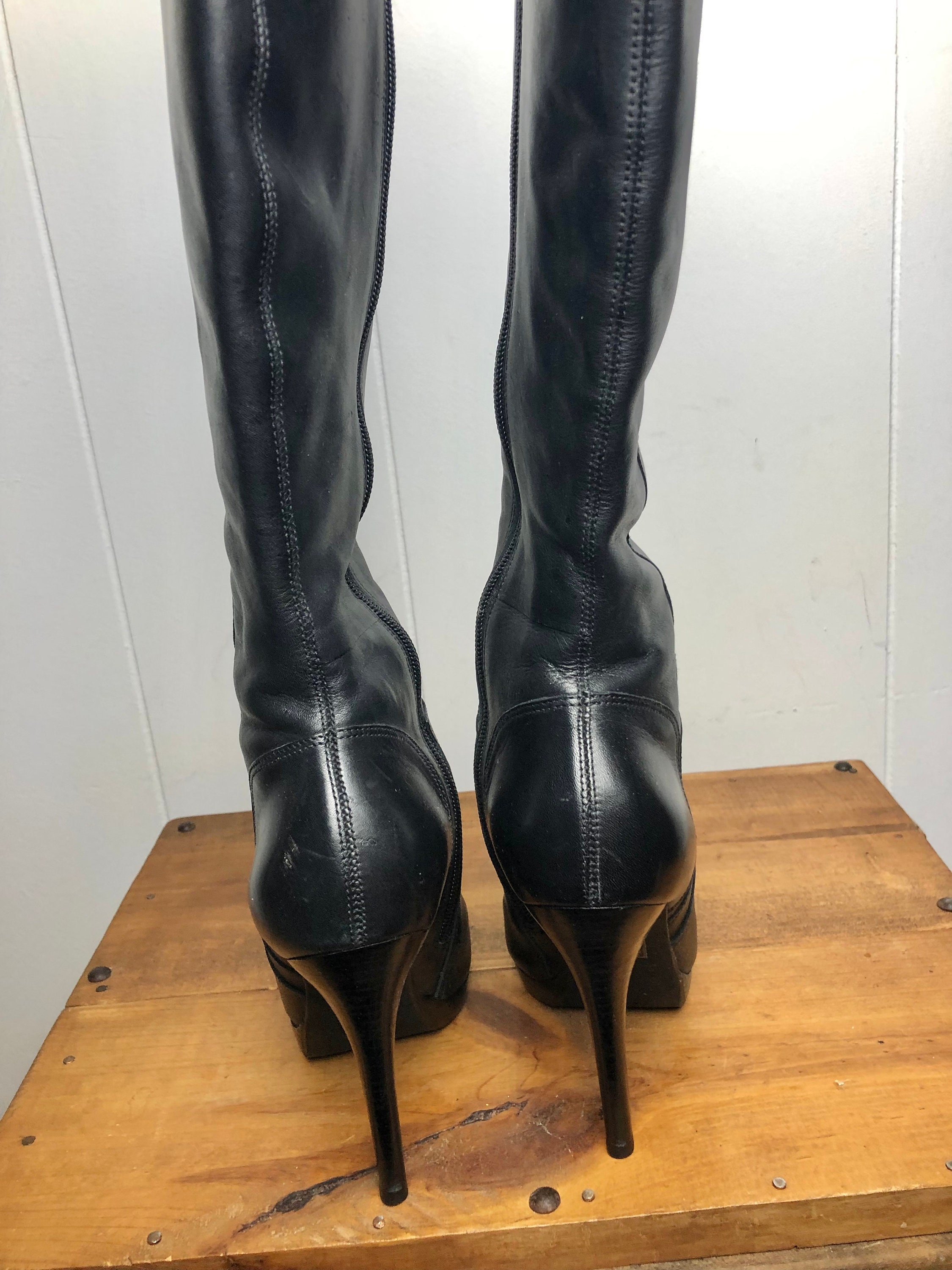 Vintage Black Leather High Shaft Full Zipper Boots High Heel Vintage Black Leather High Shaft Full Zipper Boots High Heel