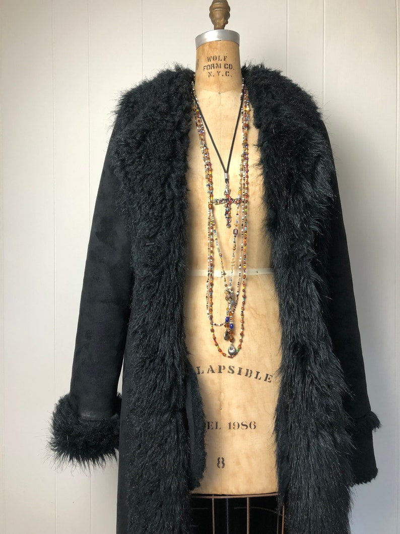 Vintage women's all black faux fur and faux suede full length Penny Lane style bohemian coat size US Large 