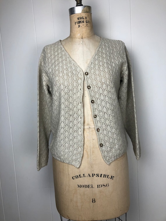 Vintage beige crochet cardigan minimalist button … - image 2