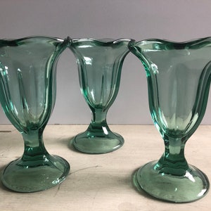 3 Pieces Vintage Retro Ice Cream Sunday Rare Green Thick Glasses Pedestal Tumblers