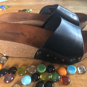 Vintage black leather strap mules clogs cork wedge clogs mules. Size EU 40  US 9