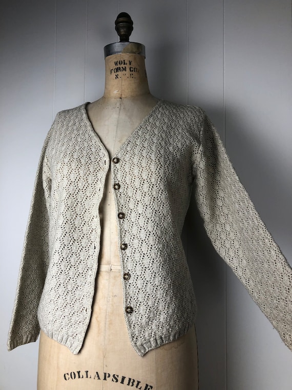 Vintage beige crochet cardigan minimalist button … - image 3