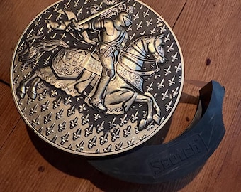 Vintage decorative medieval knight image on round metal top cellulose Scotch tape holder collectable unique tape holder made in Germany.