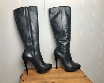 Vintage black leather high shaft full zipper boots high heel pumps booties made in Brazil Aldo size EU 37 US 6.5 women&#39;s