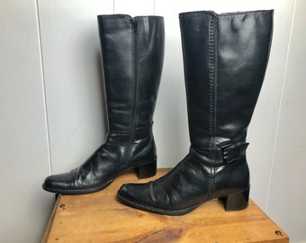 Années 00 vintage cuir noir long nez mi-mollet bottes à fermeture éclair complète taille US 8