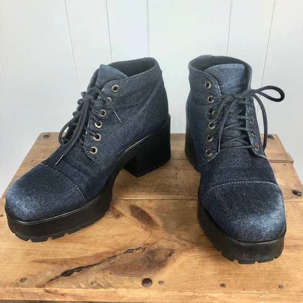 Denim jeans chunky platform lace up ankle shoes boots Size EU 41 US 10
