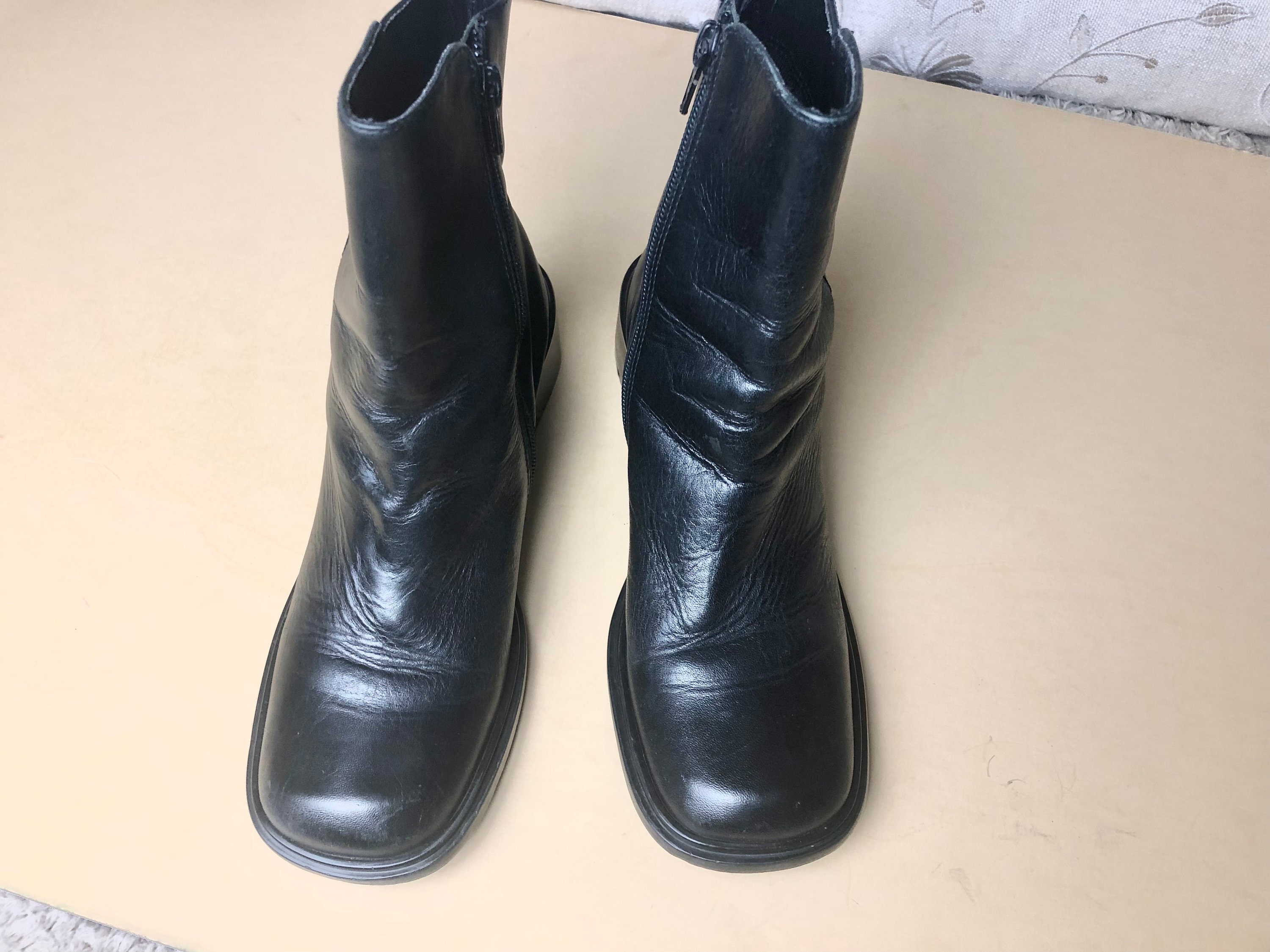 Vintage 80s Square Toe Chunky Heel Black Leather Ankle Boots