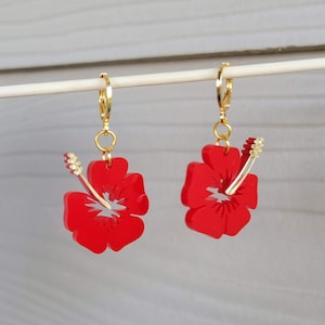 Acrylic Hibiscus earrings, Tropical flower, Hibiscus flower, Acrylic earrings, Leverback, Huggies