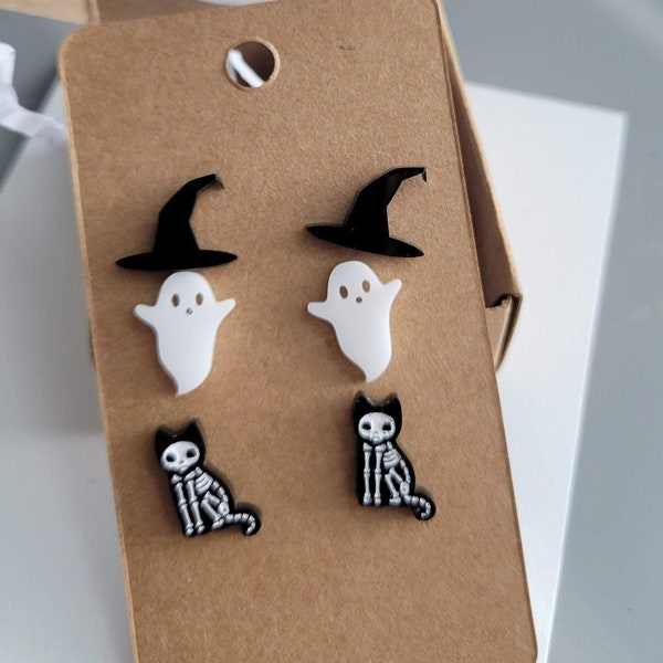 Halloween acrylic stud earrings, Witch hat earrings, Ghost earrings, Skeleton cat earrings, Acrylic earrings, Stud earrings, Halloween