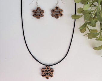 Taino Sun Earrings and Necklace set, Jewelry Set, Wood Jewelry, Taino figures, Puerto Rico, Boricua, Taino