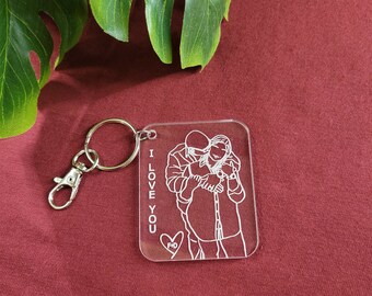 Personalized Couple Portrait Acrylic Keychain, Minimalist Line Art Gift