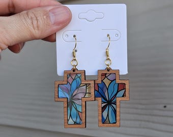 Stained Glass Cross Earrings, Acrylic Earrings, Wood Earrings, Christian Cross, Cross Earrings, Dangle, Easter, Gifts for her