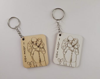 Couples line drawing keychain, Couples Portrait, Minimalist drawing, Drawing from photo, Wood keychain, Personalized gift