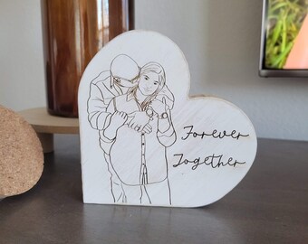 Personalized Couples Line Drawing, Wooden Heart Portrait, Anniversary Gift, Shelf Sitter