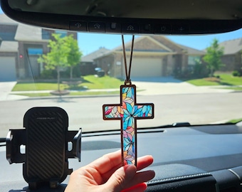 Stained Glass Cross, Rear view mirror ornament, Car Ornament, Car charm, Suncatcher, Car mirror hanger, Christian Gifts