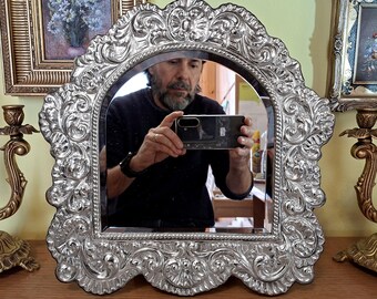 ROSELLI SILVERWORKS FLORENCE - 1980s Solid 925 Silver Table Mirror, 34x35 cm - Baroque Style