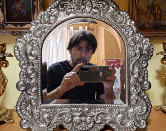 ROSELLI SILVERWORKS FLORENCE - 1980s Solid 925 Silver Table Mirror, 34x35 cm - Baroque Style