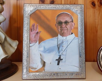 NEUE KUNST - Gerahmtes Porträt von Papst Franziskus Bergoglio aus 925er Silber - 15 x 18 cm