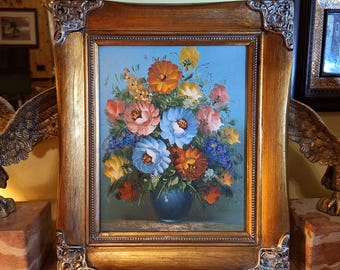 Antikes Gemälde aus den 1960er Jahren, Stillleben – Blumenvase – Öl auf Holz, 29 x 34 cm – Vintage Italien