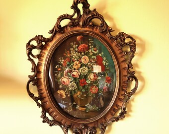 Antique painting from the 1940s, oil on copper plate, vase with flowers - still life - 37x50 cm - Baroque style plaster frame