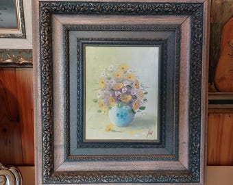 Antikes Gemälde aus den 70er Jahren, Stillleben, Vase mit Blumen, Öl auf Leinwand, 46 x 42 cm – Spanien