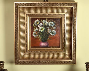 Small Painting from the 70s Signed Vase with Flowers Still Life Oil Painting on Canvas 21x21 cm