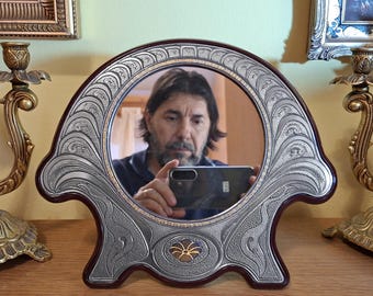 ARIN – Tischspiegel aus 925er Silber und Feingold aus den 1990er Jahren, Jugendstil, 24 x 28 cm – SELTEN