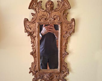 Antique Florentine Baroque Mirror "Lady and Lion" in Gilded Wood - Vintage 1950s cm 32x62