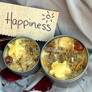 Intention candle, botanical candle , Crystal candle, manifestation candle, Happiness and Positive Energy, Vegan, hand poured candle,
