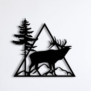 Decorazione da parete in metallo, decorazione da parete con cervi in metallo, decorazione da parete in metallo con alberi e montagne, linea d&#39;arte con alce, decorazione da parete in metallo con alce, regalo per gli amanti della fauna selvatica, linea
