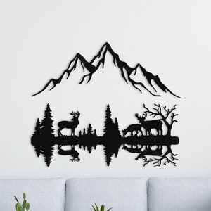 Decorazione da parete in metallo, decorazione da parete con linee, decorazione da parete in metallo con montagne, decorazione da parete in metallo con alci e montagne, arte da parete in metallo, decorazione da parete in metallo con montagne e natura
