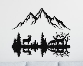 Metal Wall Decor, Line Wall Art, Mountain Metal Wall Decor, Moose and Mountain Metal Wall Decor, Metal Wall Art, Nature Mountain Metal Decor