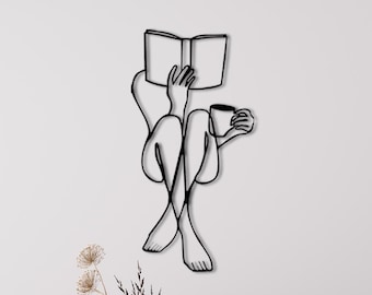 Metal Wall Art, Woman Reading a Book Metal Wall Decor, Metal Wall Decor, Wall Hangings, Book And Coffee Decor, Line Wall Art, Women Decor