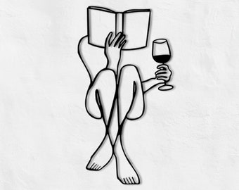 Metal Wall Decor, Woman Reading a Book Whit Wine Wall Decor, Women Metal Wall Decor, Women Line Art, Women Metal Home Decor, Metal Wall Art