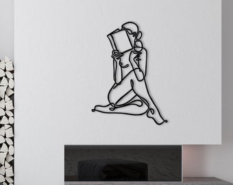 Arte de pared lineal, decoración de pared de metal, decoración de pared con una mujer leyendo un libro, tapices para el hogar, arte de pared geométrico, decoración artística para el hogar, regalo de inauguración de la casa